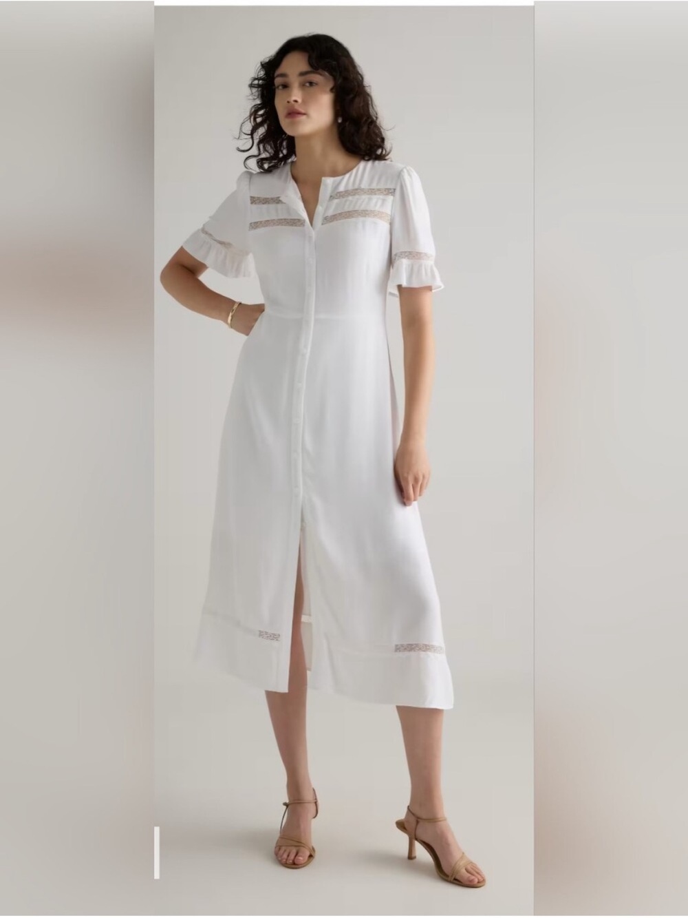 Quince Crepe Button-Front Lace Trim MIDI Dress Size M Chic Cottage-core  boho